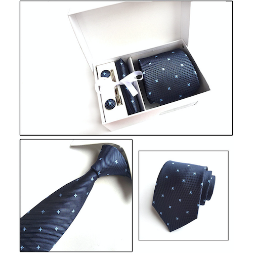 Blue Floral Foulard Suit Accessories Set for Men Including A Necktie, Tie Clip, Cufflinks & Pocket Square