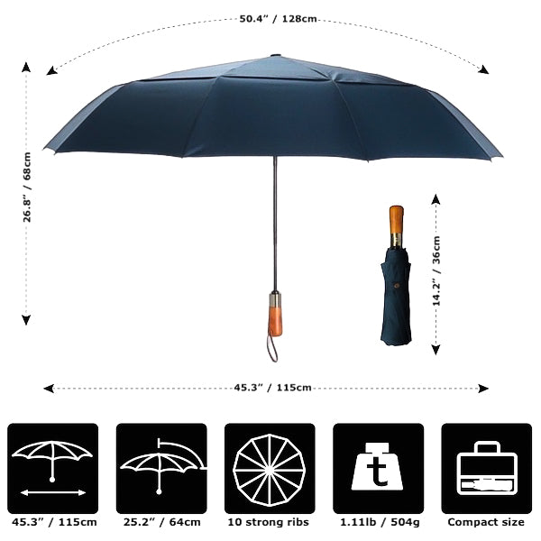 Details And Dimensions of the Blue Automatic Windproof Folding Umbrella