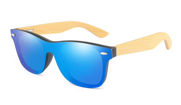 Mens bamboo wood sunglasses with flat blue mirror lens