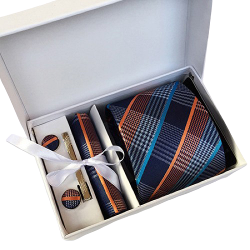 Blue Orange Plaid Suit Accessories Set With Necktie, Tie Clip, Cufflinks & Pocket Square