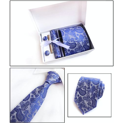Blue Paisley Suit Accessories Set for Men Including A Necktie, Tie Clip, Cufflinks & Pocket Square
