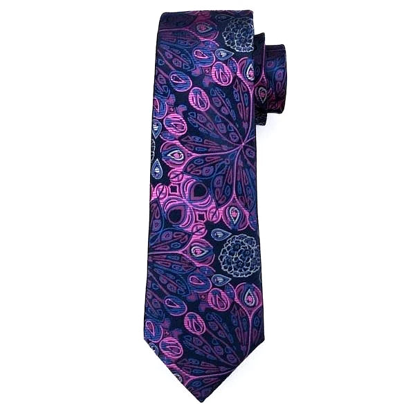 Blue pink silk necktie with peacock feather and flower pattern