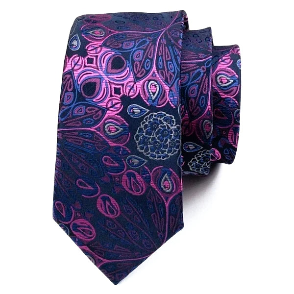 Blue pink silk tie with peacock feather and flower pattern