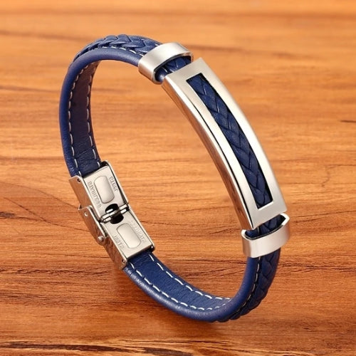 Classy Men Blue Silver Leather Band Bracelet
