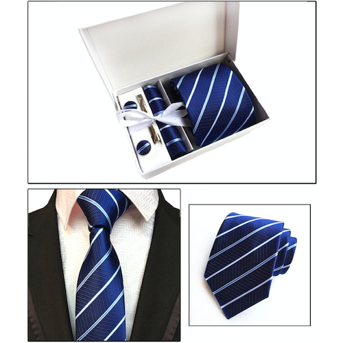 Blue Striped Suit Accessories Set for Men Including A Necktie, Tie Clip, Cufflinks & Pocket Square