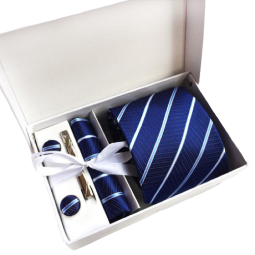 Blue Striped Suit Accessories Set With Necktie, Tie Clip, Cufflinks & Pocket Square