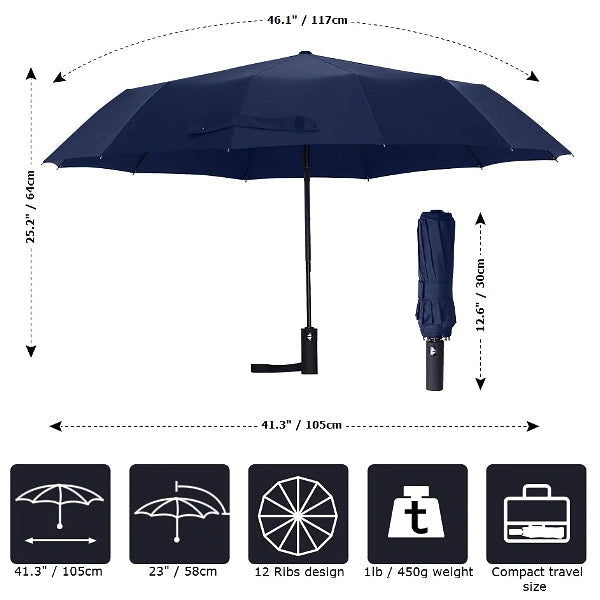Size details of the blue classic travel umbrella