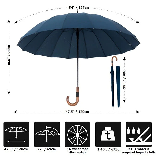 Blue gentleman's windproof umbrella size details