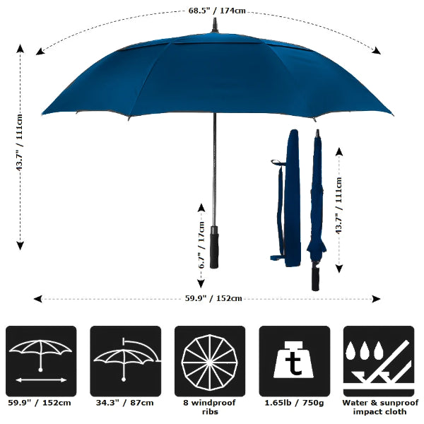Size and weight details of the windproof blue large golf umbrella