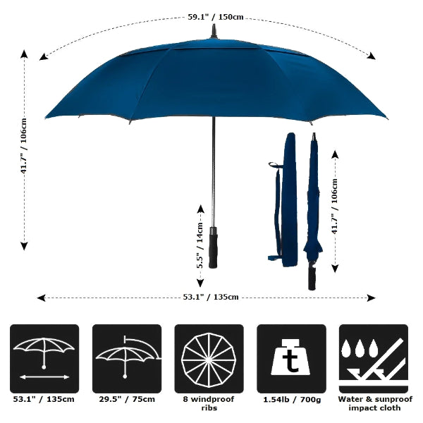 size details of the blue large windproof umbrella