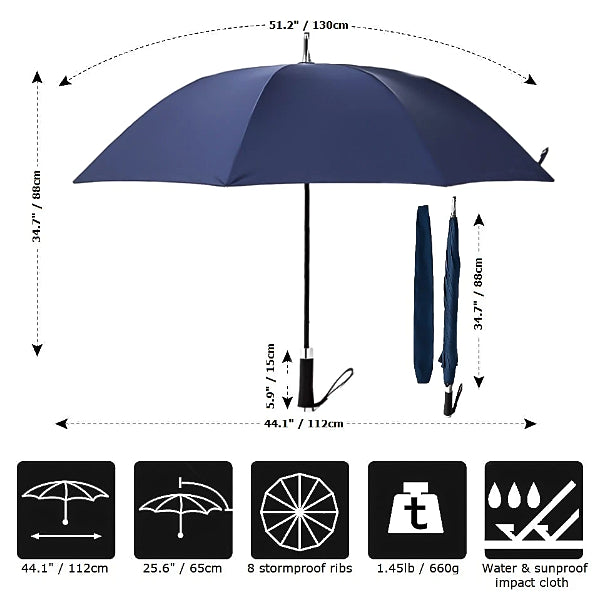 Blue long windproof umbrella size details