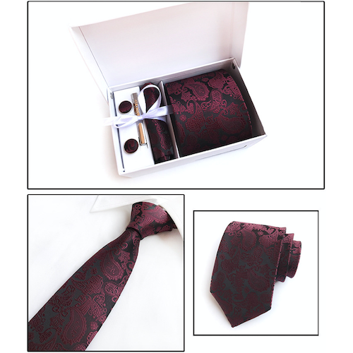Burgundy Paisley Suit Accessories Set for Men Including A Necktie, Tie Clip, Cufflinks & Pocket Square