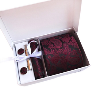 Burgundy Paisley Suit Accessories Set With Necktie, Tie Clip, Cufflinks & Pocket Square