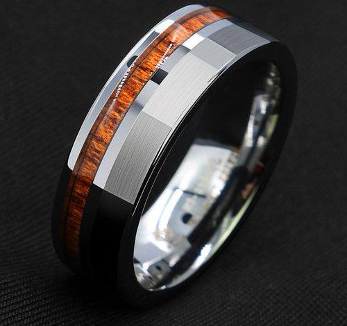Classy Men Silver Brushed Koa Wood Ring