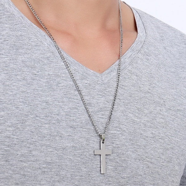 Classy Men Silver Christian Cross Pendant Necklace