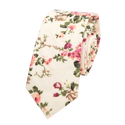 Classy Men Cream Pink Floral Skinny Cotton Tie