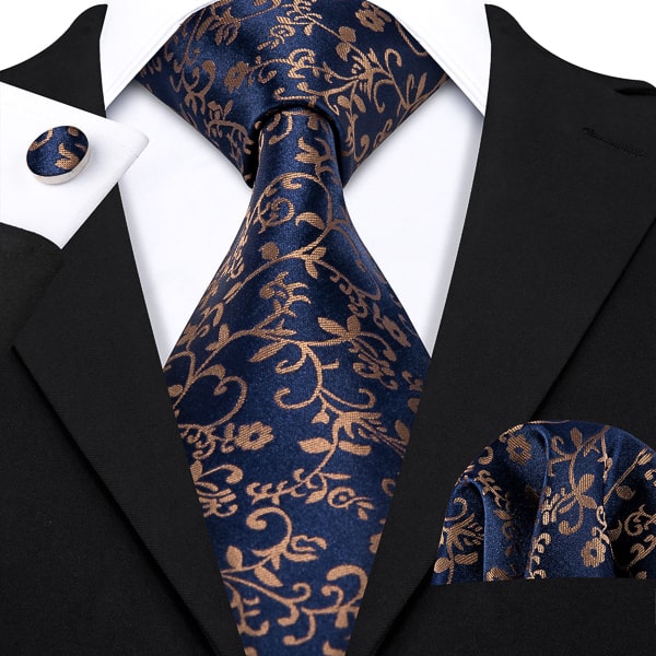 Dark blue and brown floral silk necktie