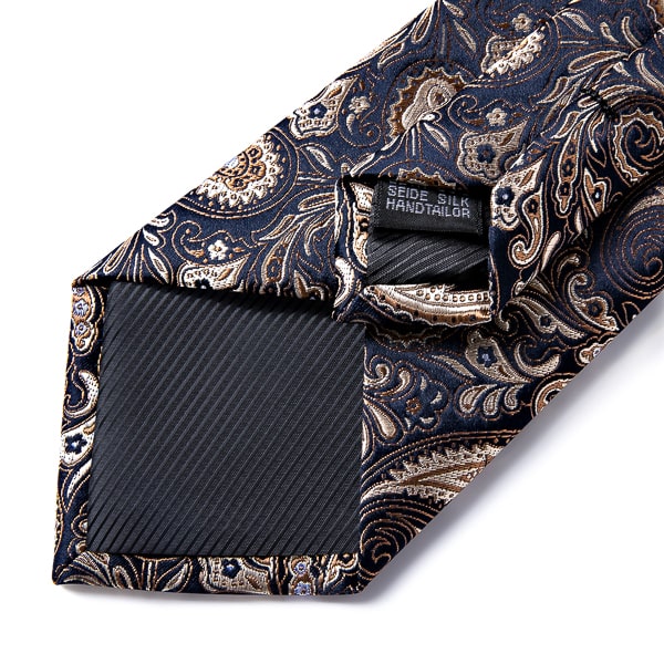 Dark blue silk tie with gold paisley pattern