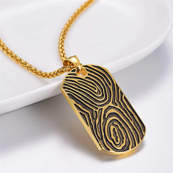Classy Men Gold Fingerprint Dog Tag Pendant Necklace