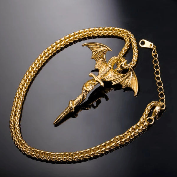 Classy Men Gold Dragon Sword Pendant Necklace
