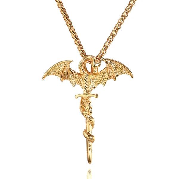 Gold dragon sword pendant necklace for men