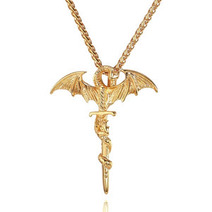 Gold dragon sword pendant necklace for men