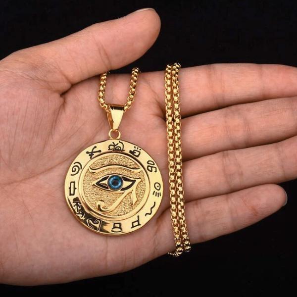 Gold Egyptian Eye of Horus pendant necklace for men
