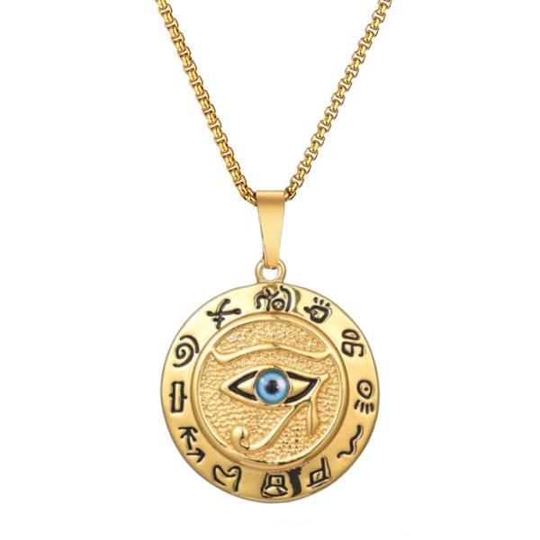 Gold Egyptian Eye of Horus pendant necklace with box chain