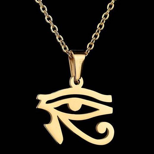 Gold Egyptian eye pendant necklace on a black background