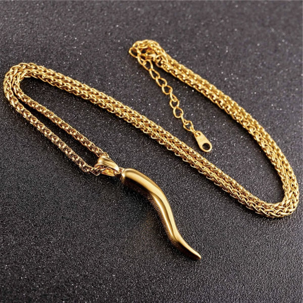 Classy Men Gold Italian Horn Pendant Necklace