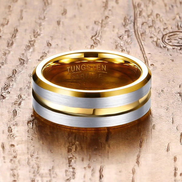 Silver gold channeled tungsten carbide band ring