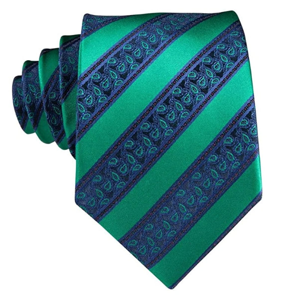 Green & blue striped paisley tie made of silk