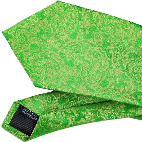 Details of the green and gold silk paisley tie