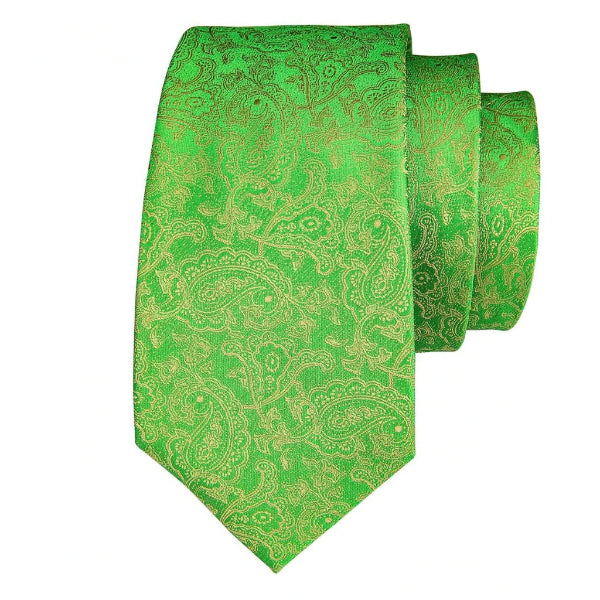 Green silk tie with a golden paisley pattern