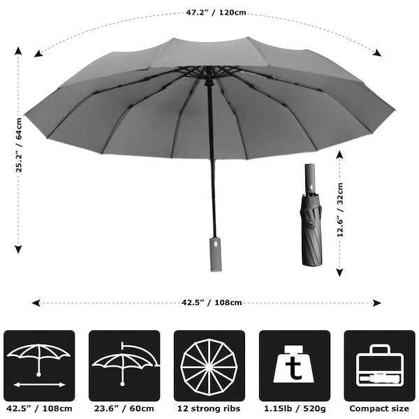 Details and dimensions of the grey automatic rain umbrella