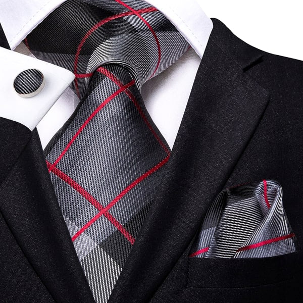 Grey and red checkered silk tie