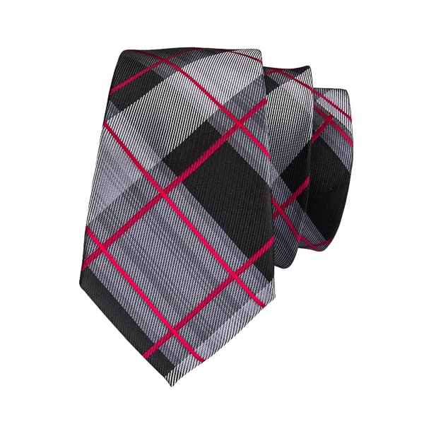 Grey silk tie with a red checkered pattern