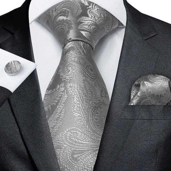 Grey silver paisley silk tie set with matching pocket square and cufflinks