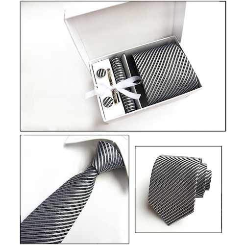 Grey And Silver Striped Suit Accessories Set for Men Including A Necktie, Tie Clip, Cufflinks & Pocket Square