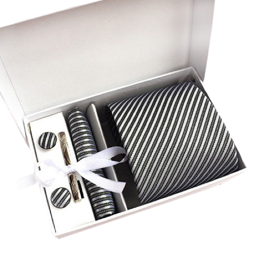 Grey And Silver Striped Suit Accessories Set With Necktie, Tie Clip, Cufflinks & Pocket Square