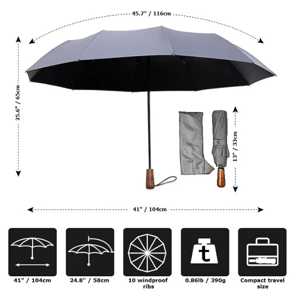 Grey folding windproof umbrella size details