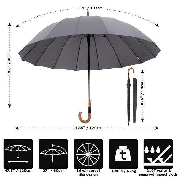Grey gentleman's windproof umbrella size details