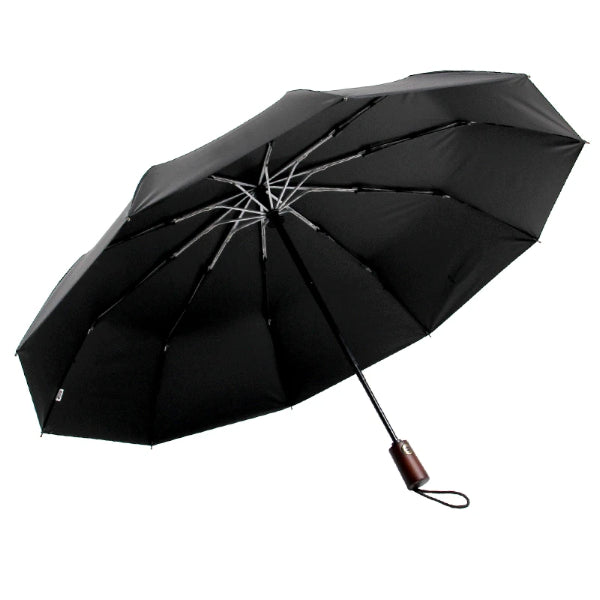 Grey travel umbrella with a wooden handle open