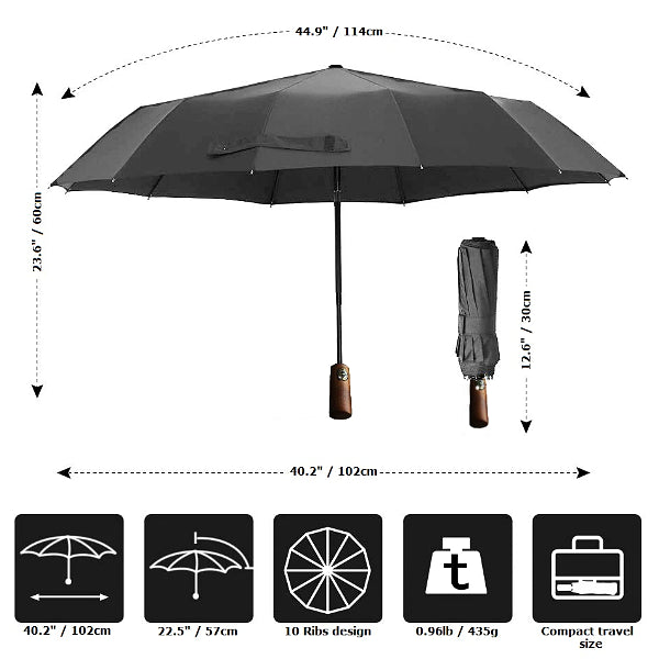 Details of the grey travel umbrella with a wooden handle
