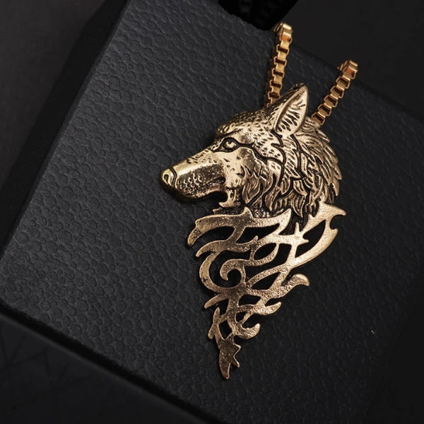 Detailed image of the gold wolf pendant necklace