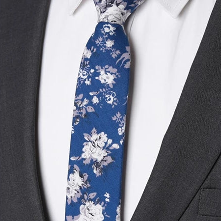 Classy Men Sky Blue Floral Skinny Cotton Tie