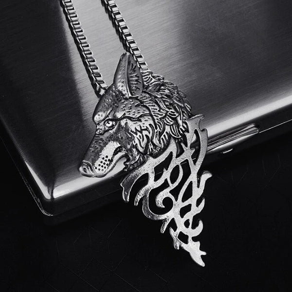 Detail image of the silver wolf pendant necklace