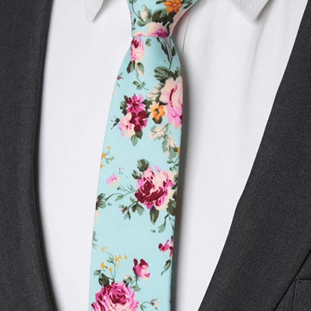 Classy Men Light Turquoise Floral Skinny Cotton Tie