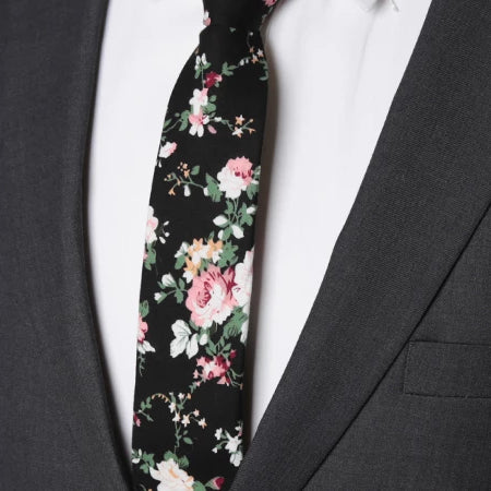 Classy Men Black Floral Skinny Cotton Tie