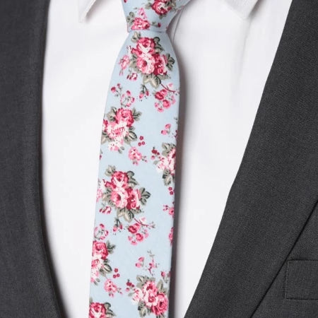 Classy Men Pastel Blue Floral Skinny Cotton Tie